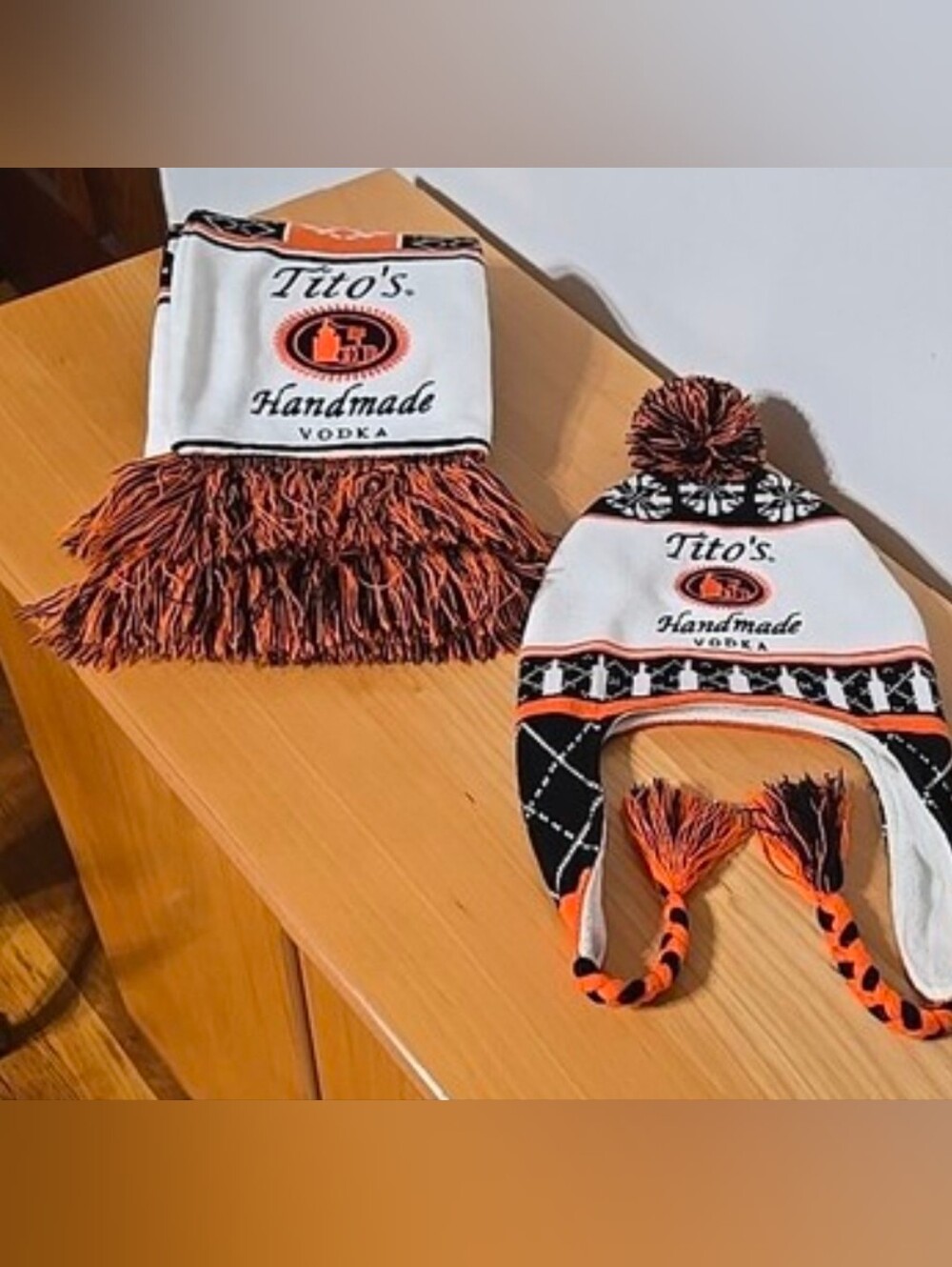 Tito's Pom-Pom Earflap Hat & Scarf Set- White Black & Orange Colors